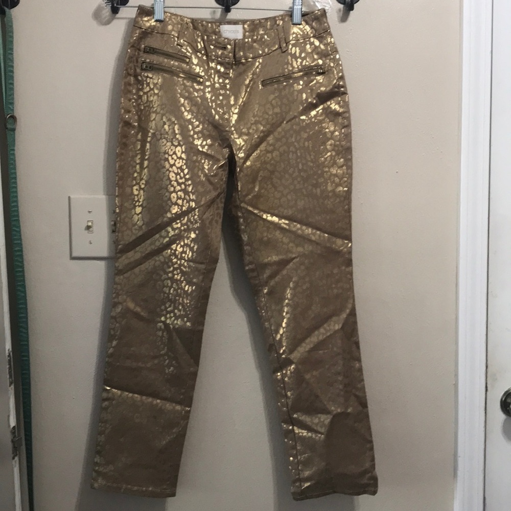 Chico’s tan with gold cheetah print pants